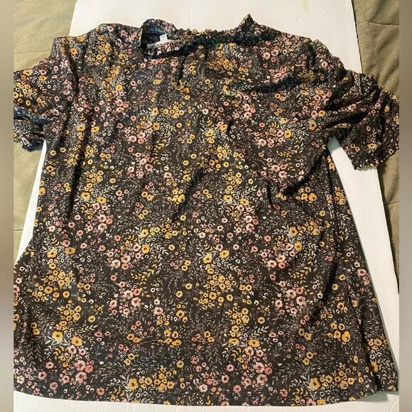 DR2 high neck brown micro floral print short sleeve blouse semi Sheer mesh L - Picture 2 of 9